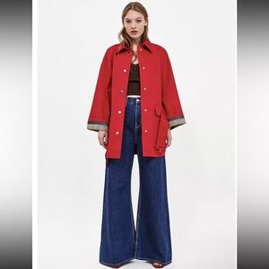 Zara Red & Brown Checked Contrasting Trench Coat